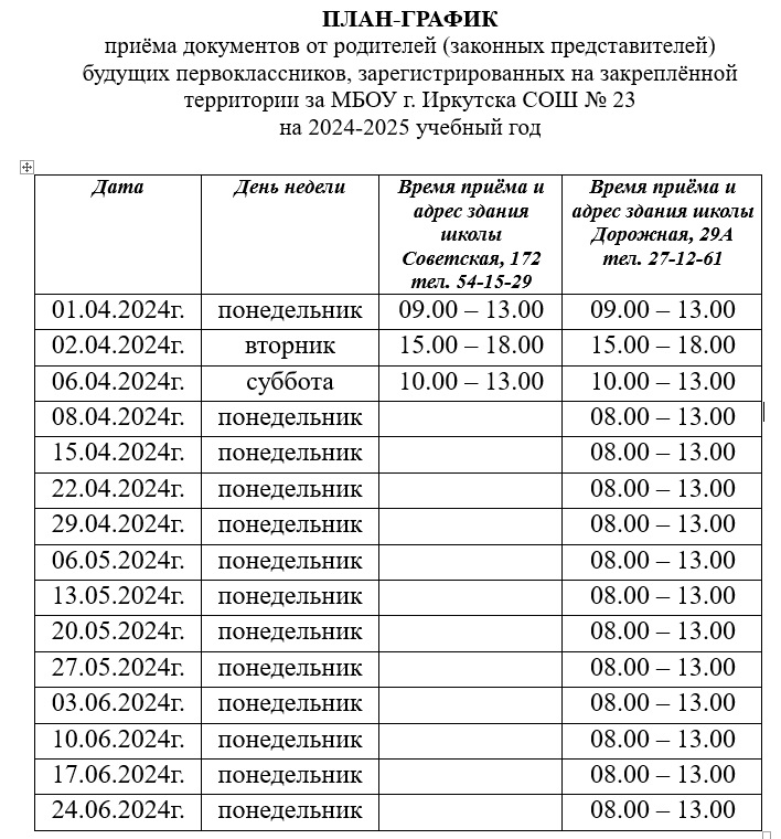 График приема заявлений в 1 класс.